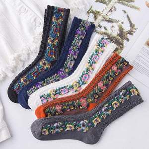 Calcetines Florales Bordados Vintage (5 Pares)