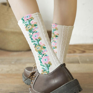 Calcetines Florales Bordados Vintage (5 Pares)