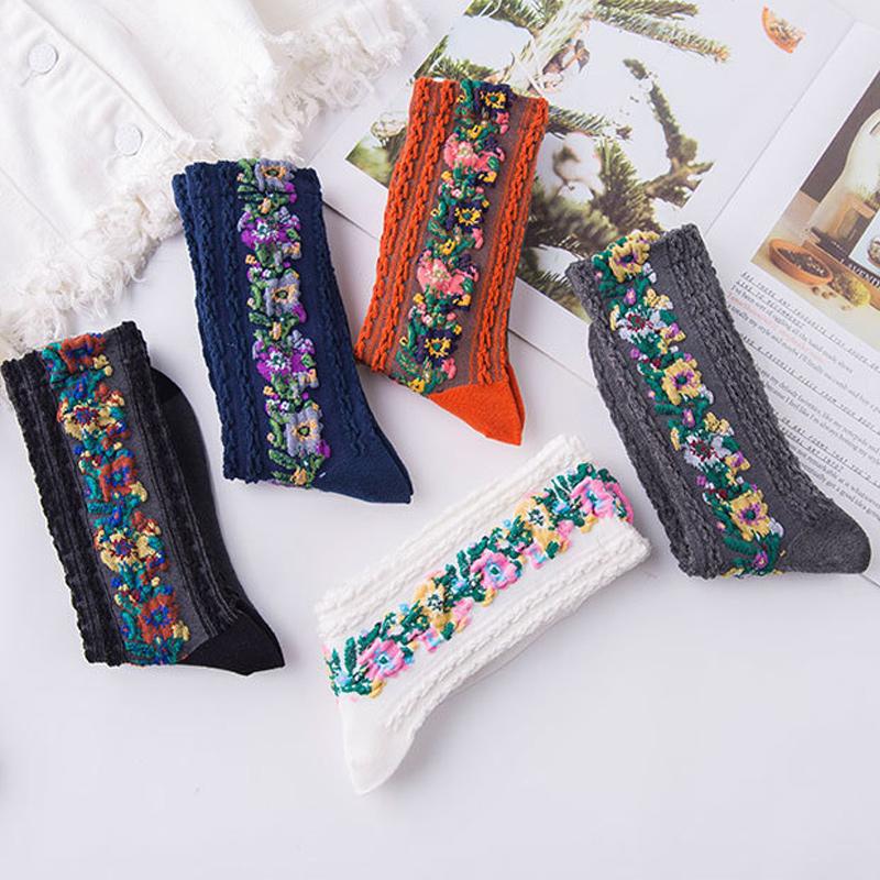 Calcetines Florales Bordados Vintage (5 Pares)