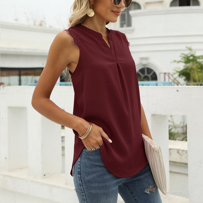 Camiseta sin mangas con cuello en V de color liso para mujer